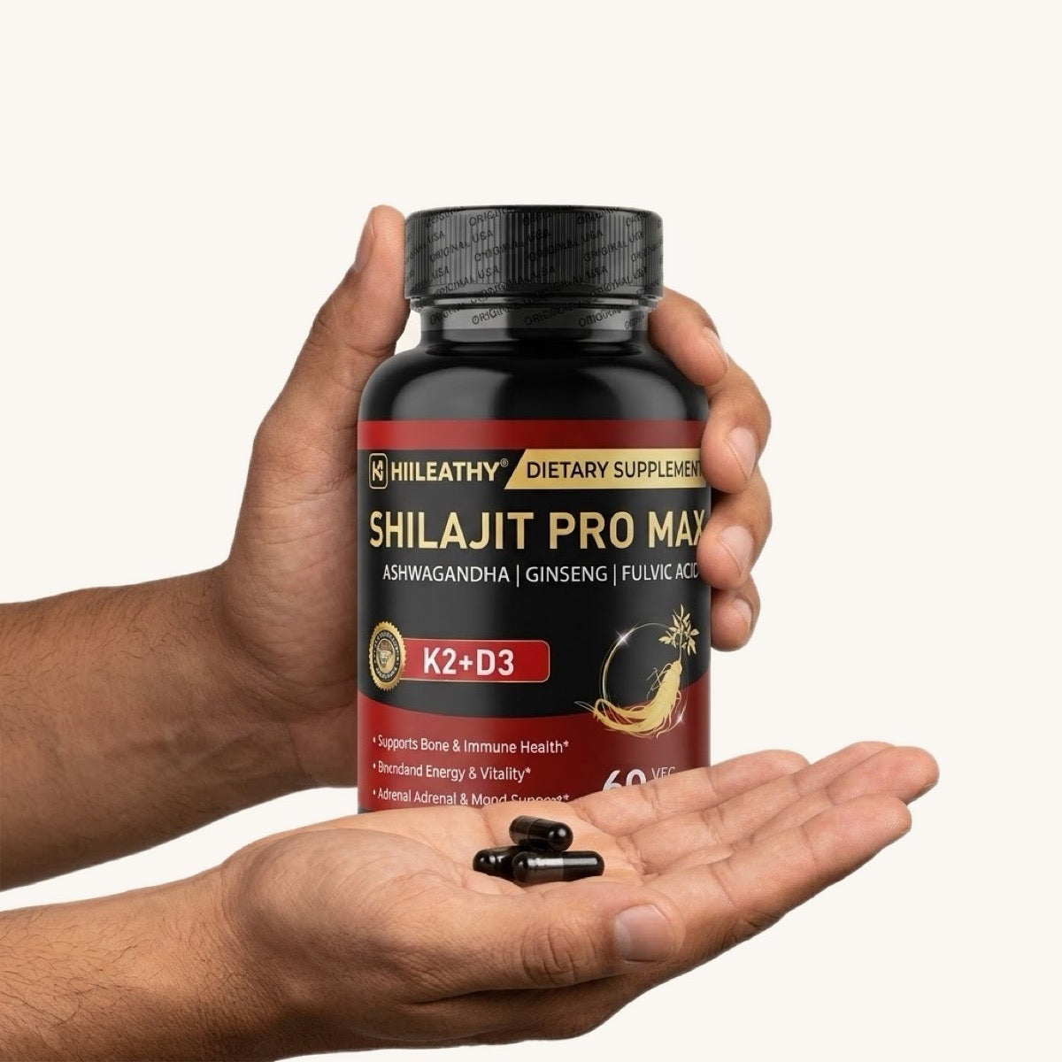 Shilajit Pro Max cápsulas en la mano