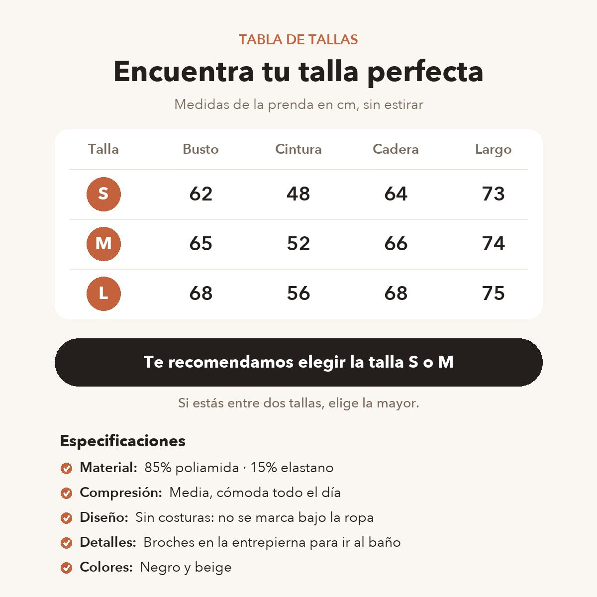 Tabla de tallas faja moldeadora S M L